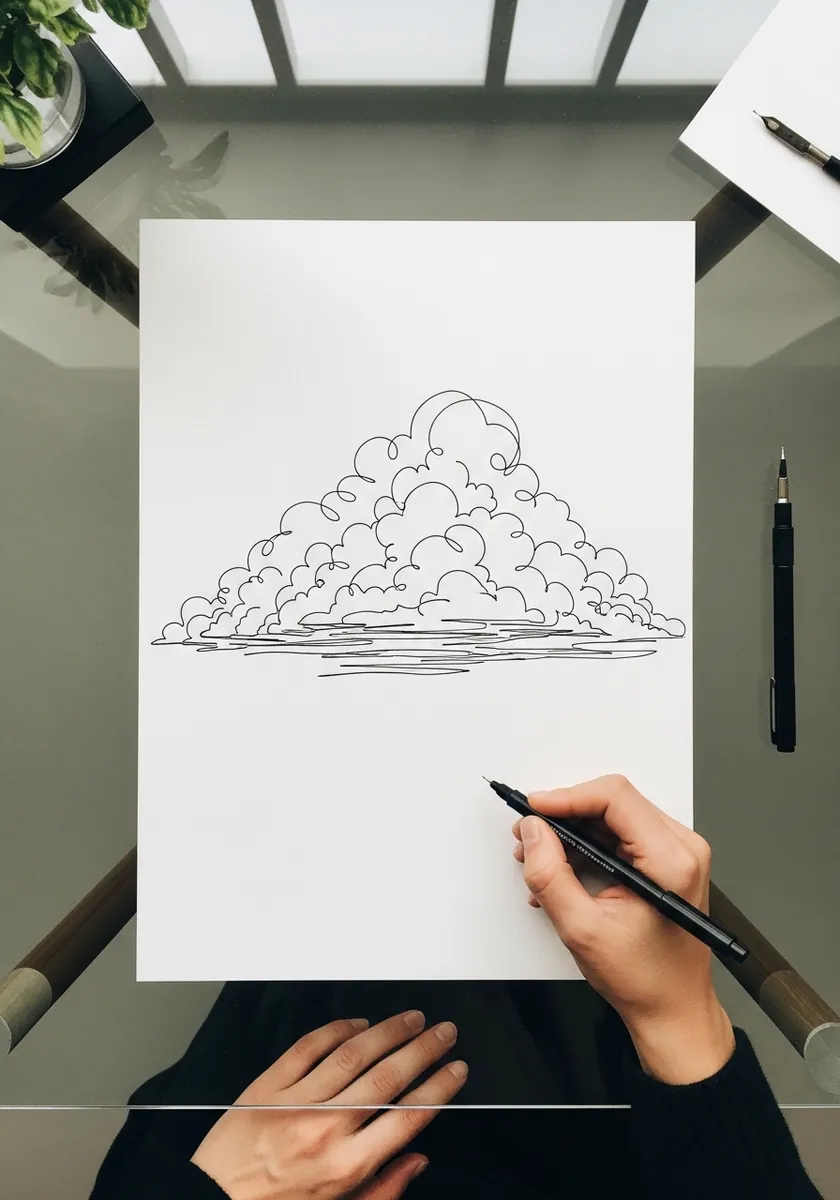 Minimal continuous line drawing of a cloud with scalloped edges on white paper