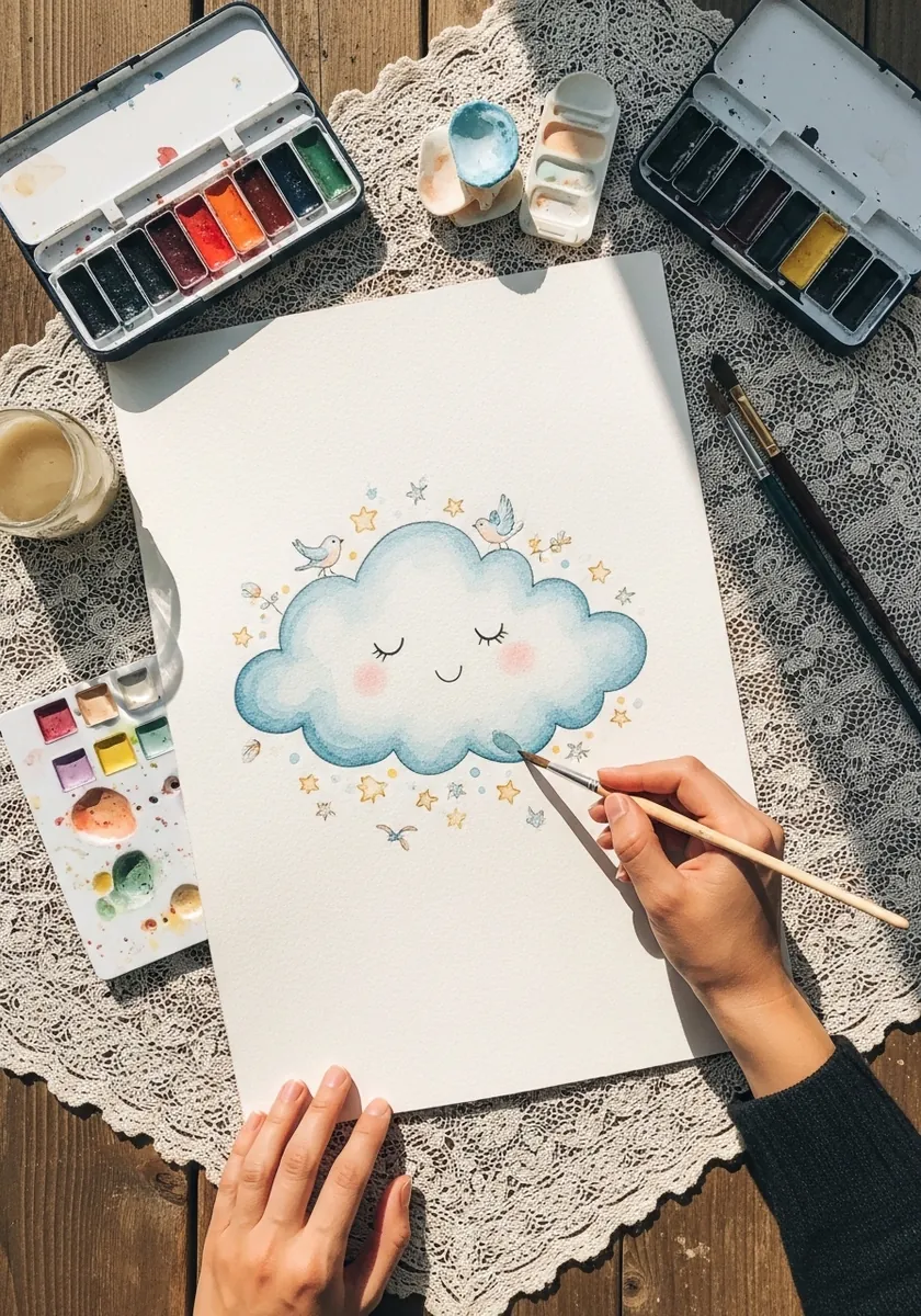 Soft watercolor cartoon cloud with a sleeping face surrounded by tiny stars