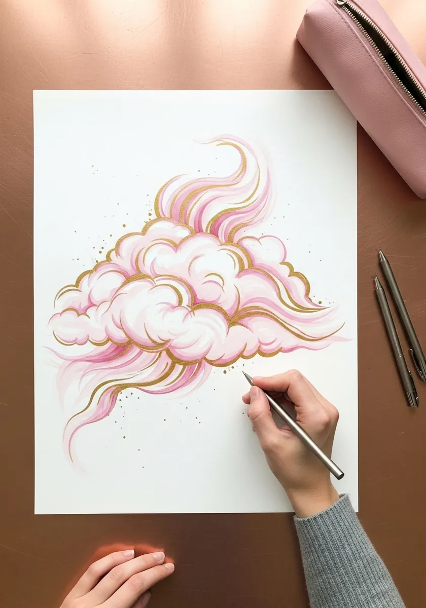 Elegant pink cloud with flowing gold line accents and scattered gold dots