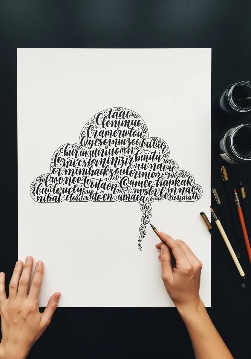 Cloud shape filled entirely with flowing black calligraphy lettering