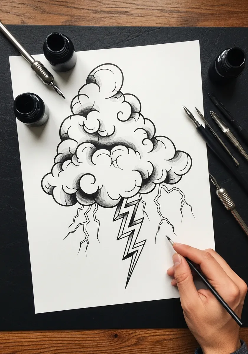 Fine ink cloud with curled edges and thick black lightning bolts beneath