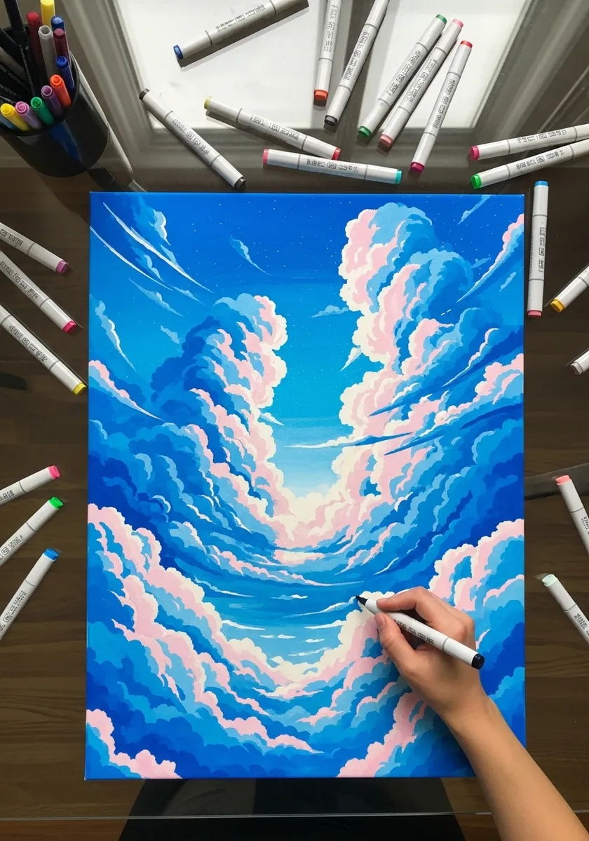 Bright anime style sky with pink and blue clouds and strong perspective
