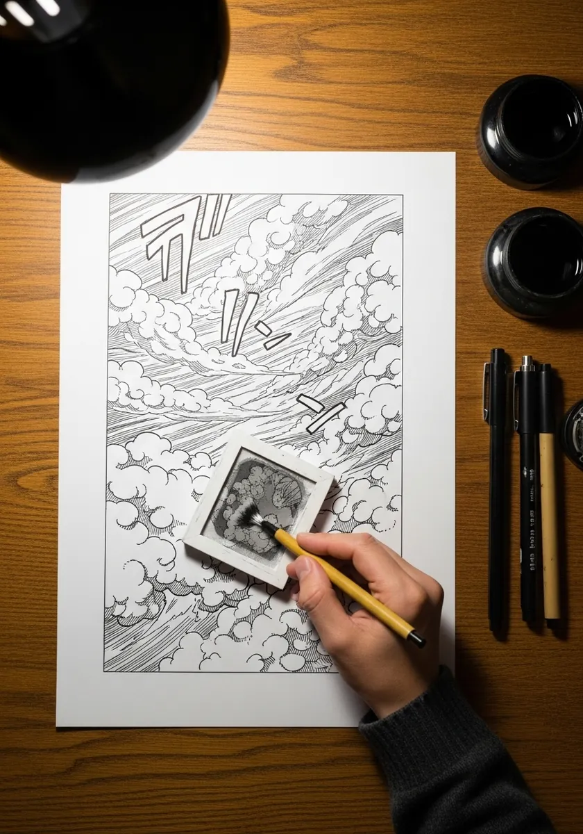 Black and white manga clouds with dramatic speed lines and screen tone