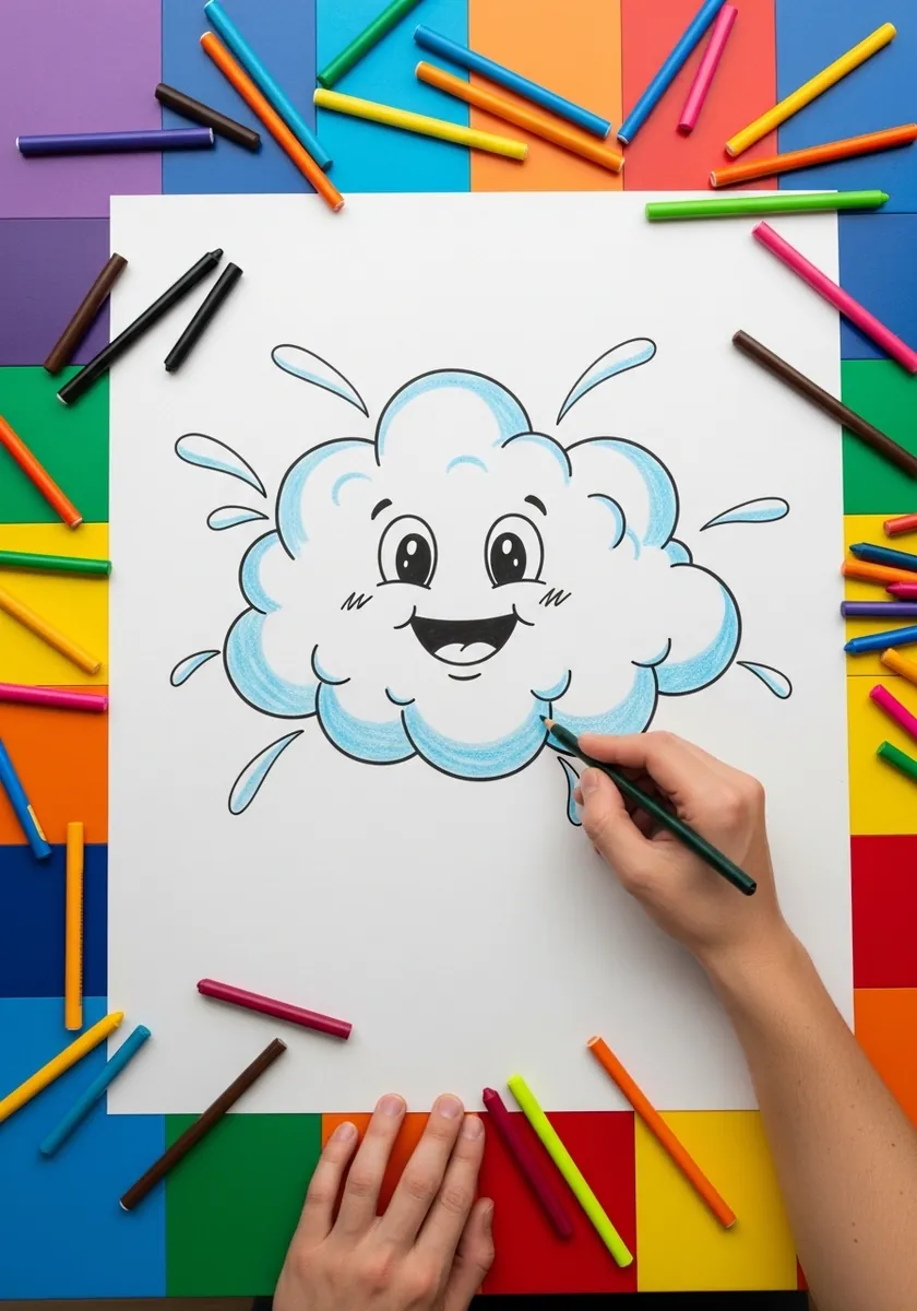 Happy cartoon cloud with a big smile and water droplets on white paper