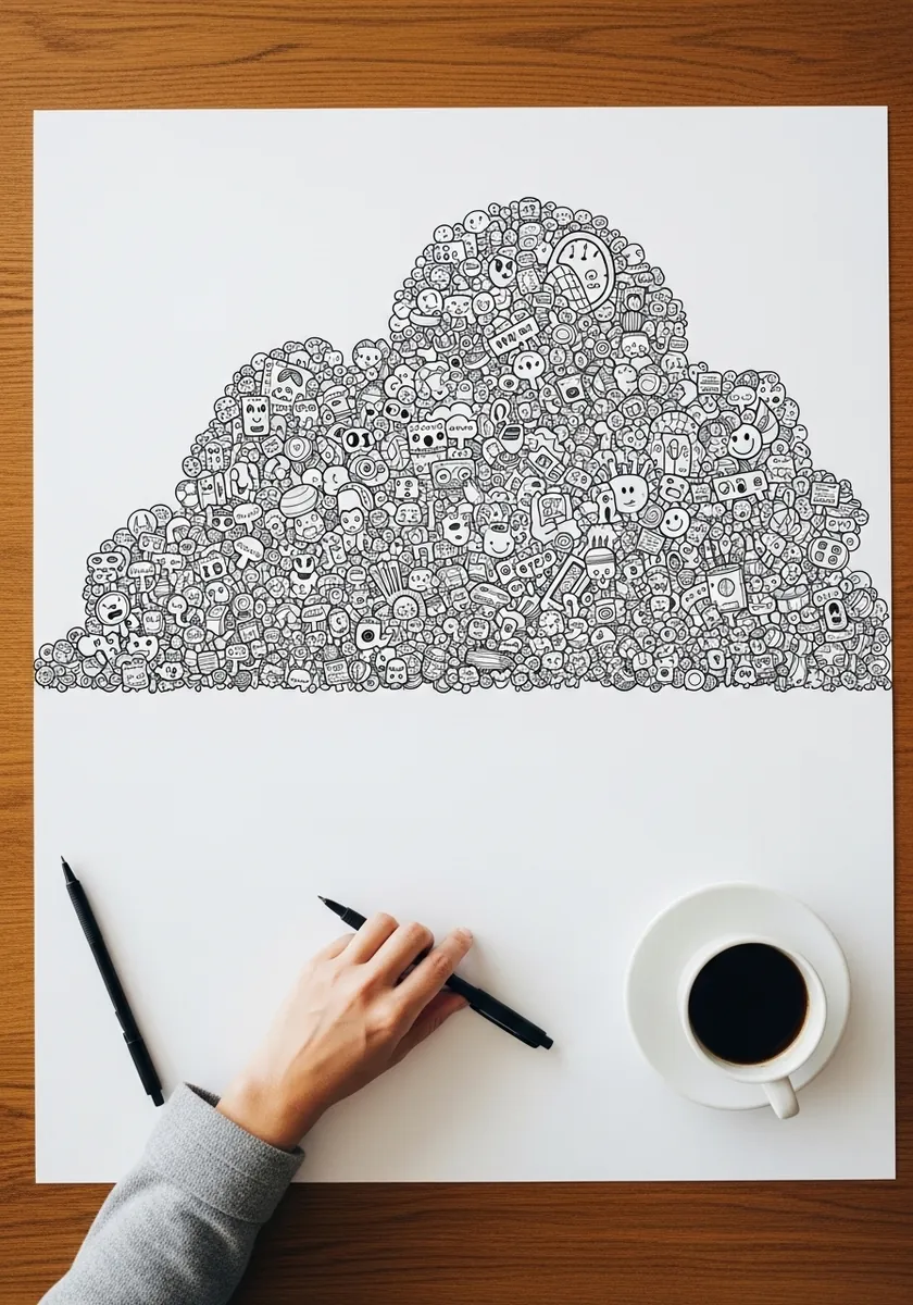 Cloud silhouette filled with hundreds of small doodled faces and objects