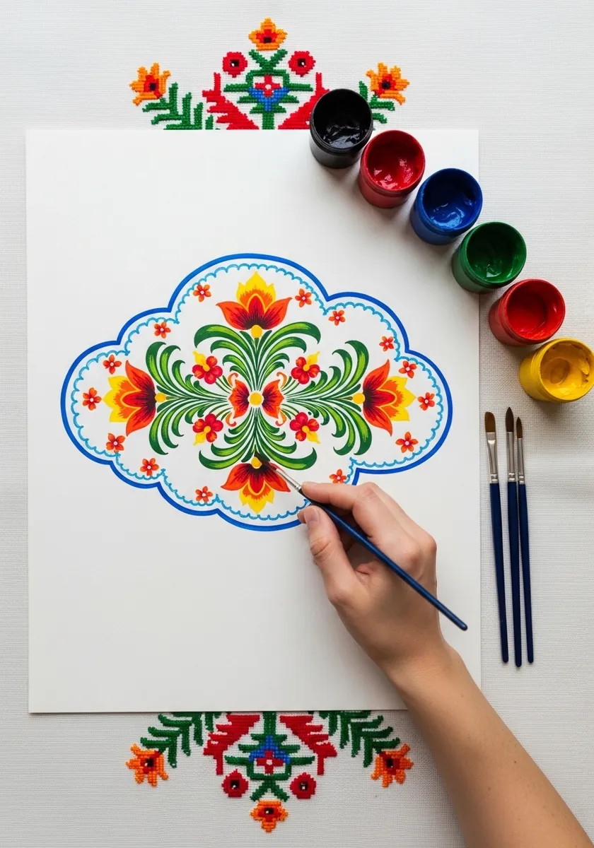 Bright folk art cloud filled with red and green flowers inside a scalloped border