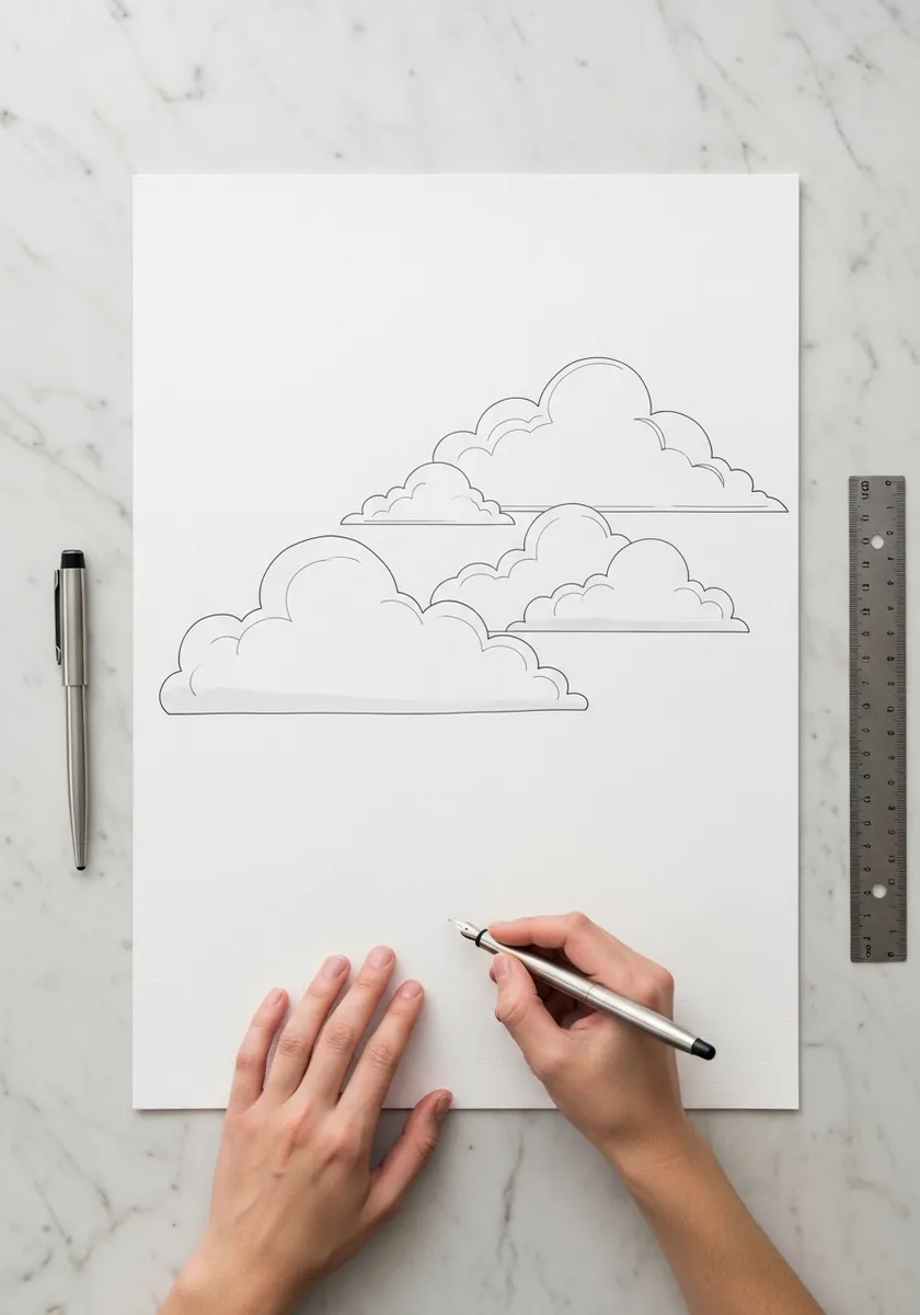Clean pencil outlines of three overlapping cartoon clouds with no shading