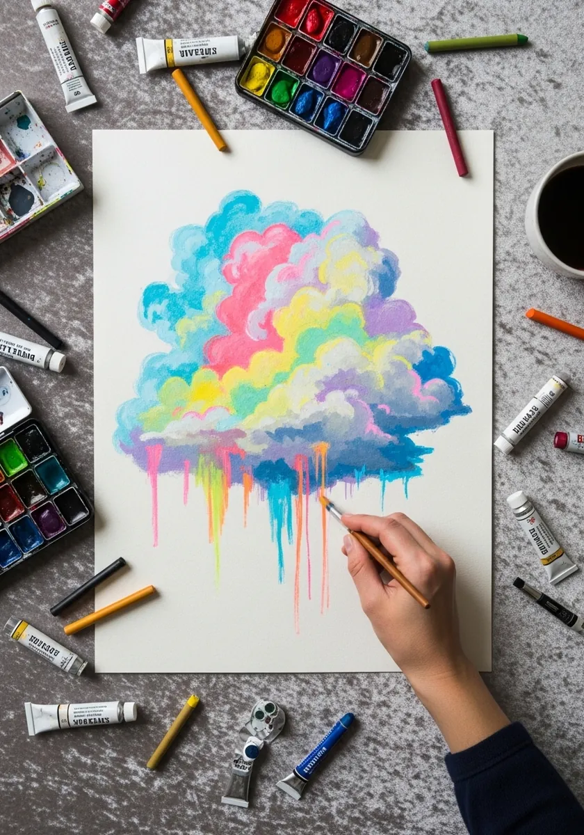 Bright multicolor watercolor cloud with rainbow paint dripping downward