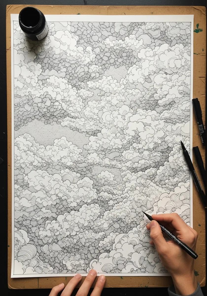 Highly detailed ink drawing of a sky packed with small curling stylized clouds
