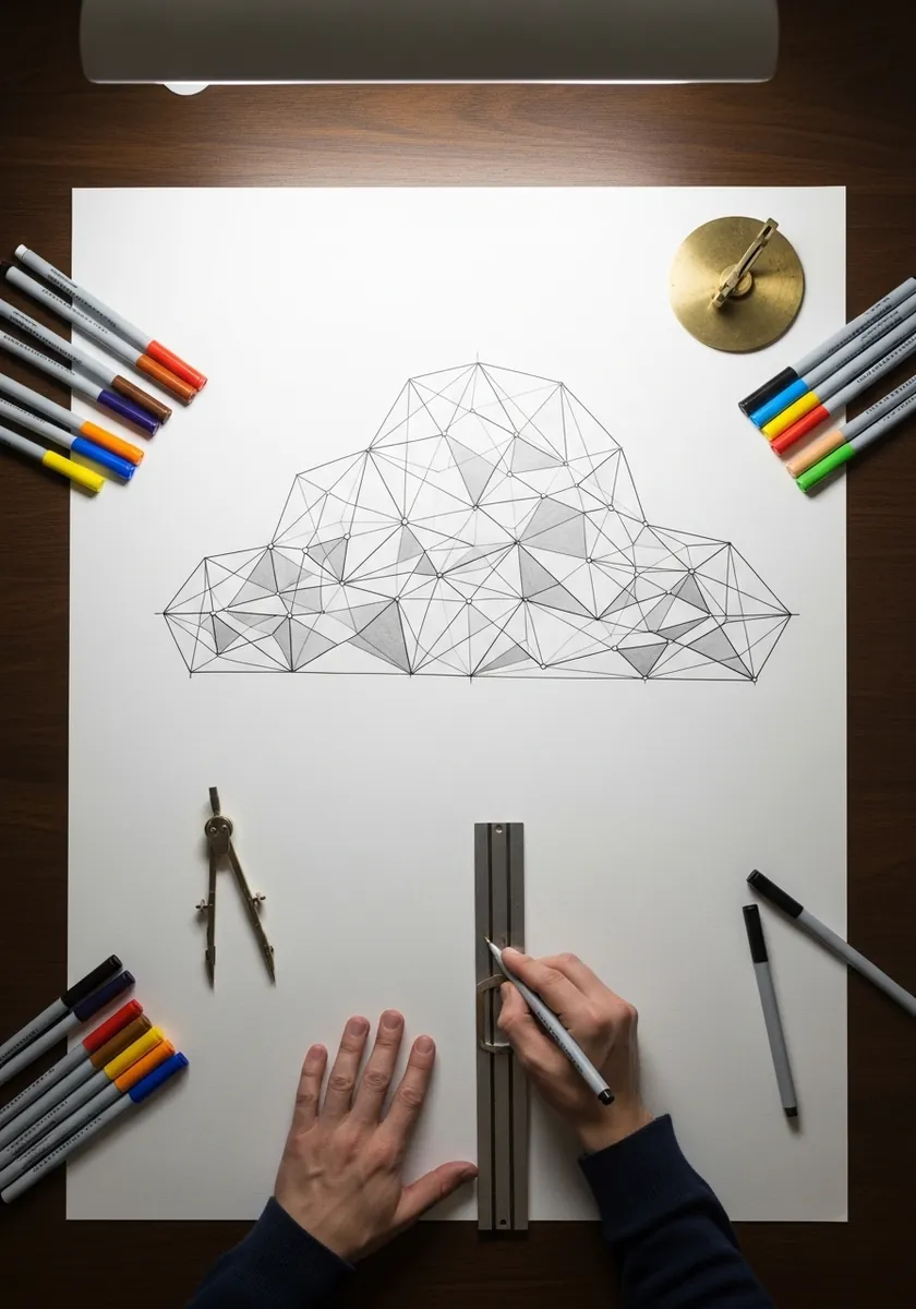 Cloud constructed from flat triangular facets drawn with a ruler and compass