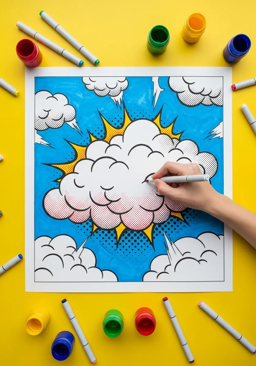 Pop art comic cloud with halftone dot shading and a yellow burst behind it