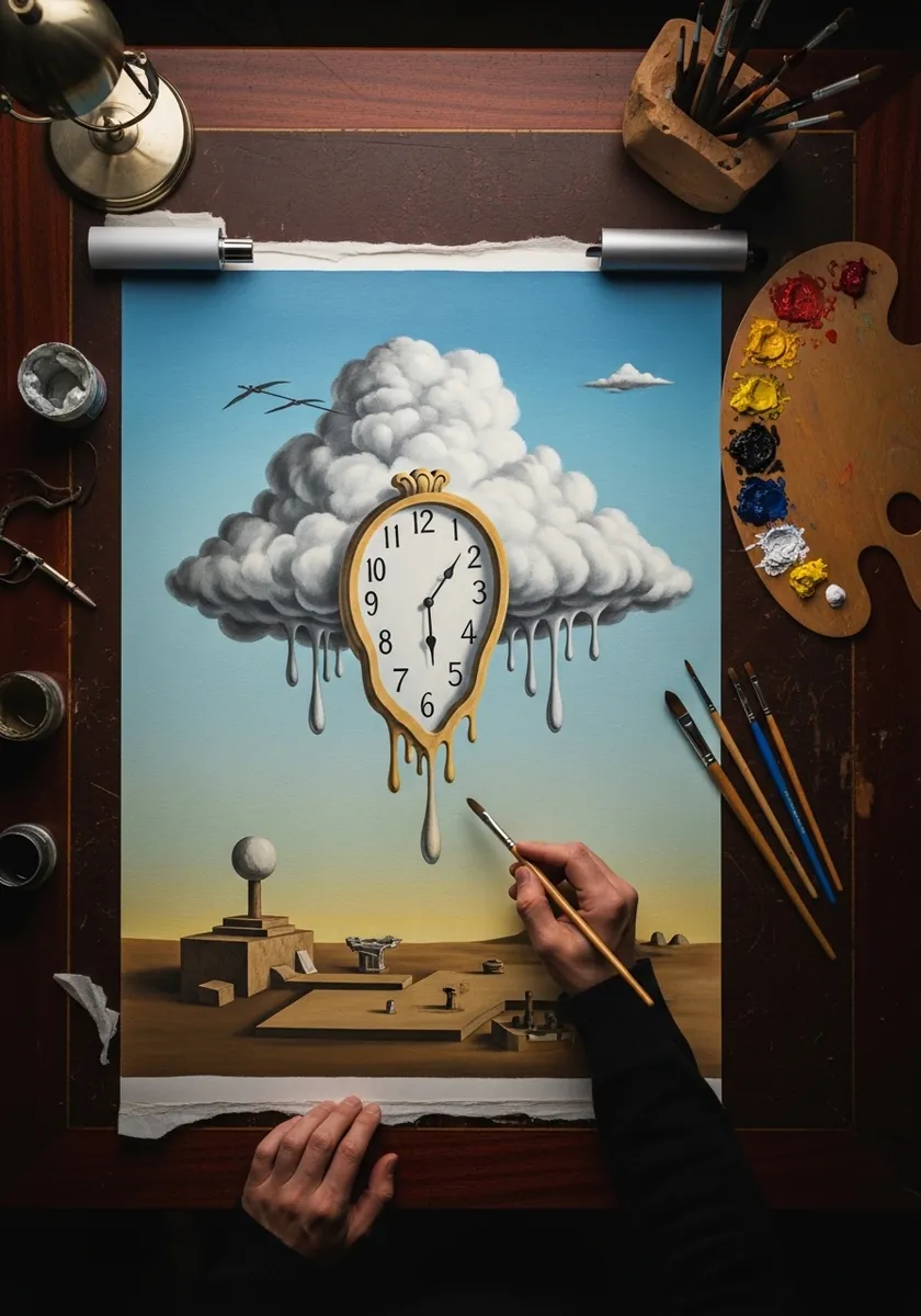 Surrealist painting of a cloud with a melting clock hanging beneath it