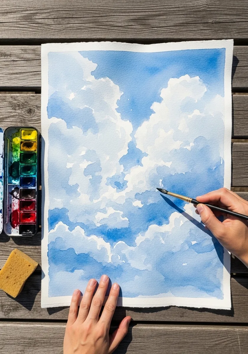 Soft watercolor blue sky with white fluffy clouds and a sponge for lifting
