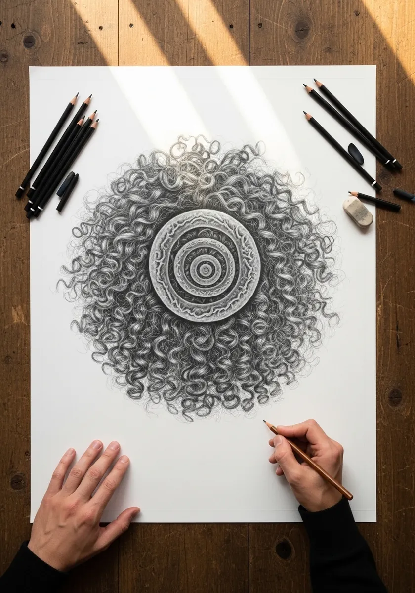 Graphite drawing of tight curls arranged in concentric rings like a mandala