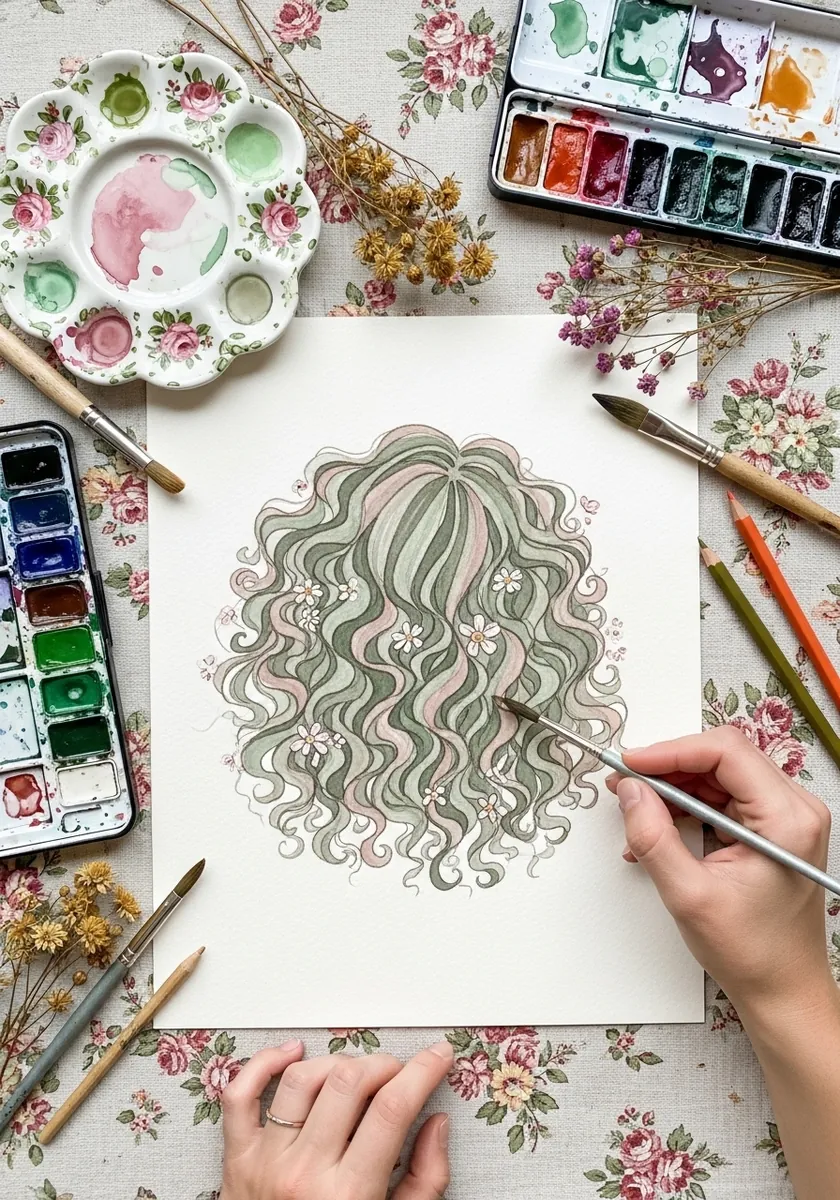 Soft green and cream flowing curls decorated with tiny white flowers