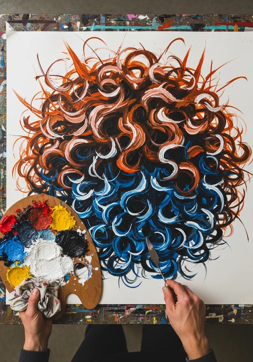 Thick acrylic curls in orange at the top graduating to deep blue below