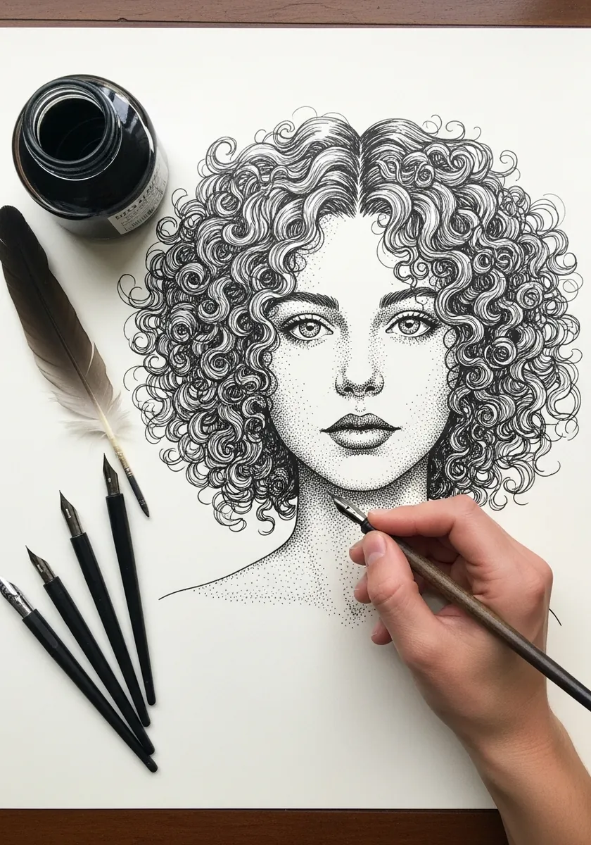 Fine stippled ink portrait of a woman with a curly bob and detailed shading