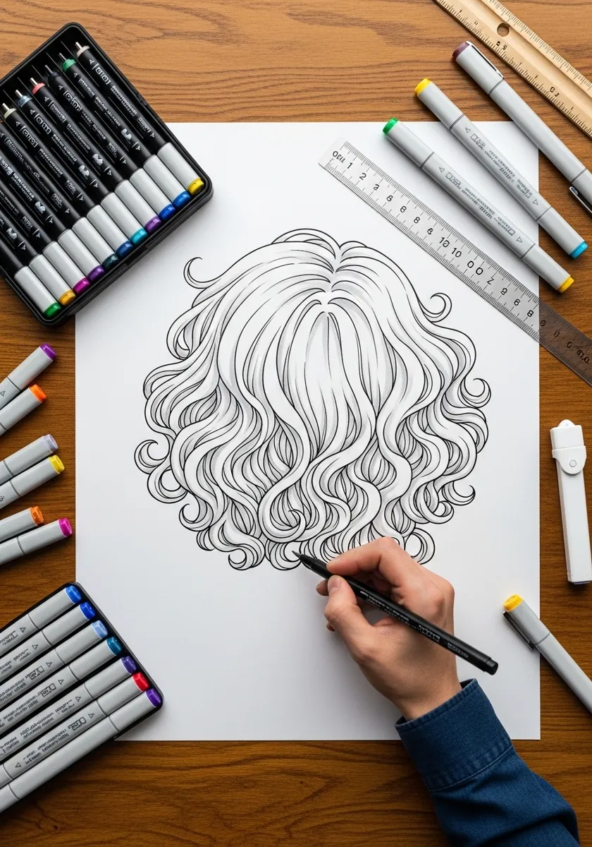 Clean black line drawing of long wavy hair with no face and no shading