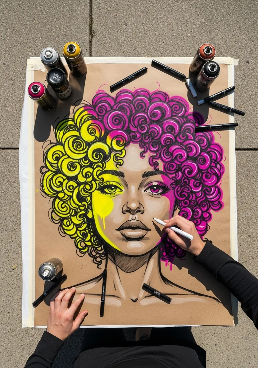 Graffiti style portrait with pink and yellow curls on brown kraft paper