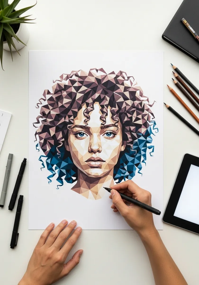 Faceted low poly portrait with curly hair built from triangular planes