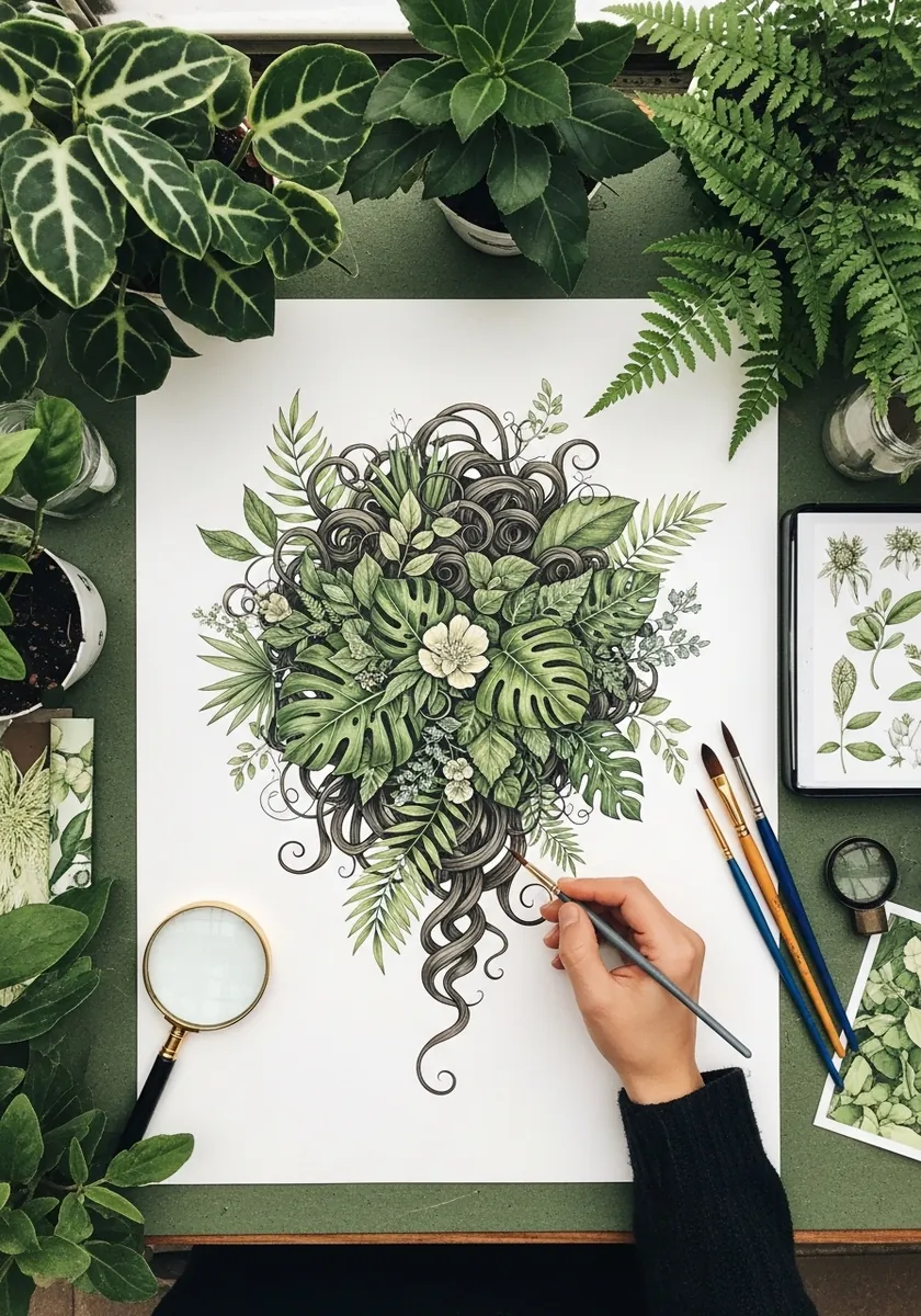 Detailed drawing of curly hair intertwined with green ferns and monstera leaves