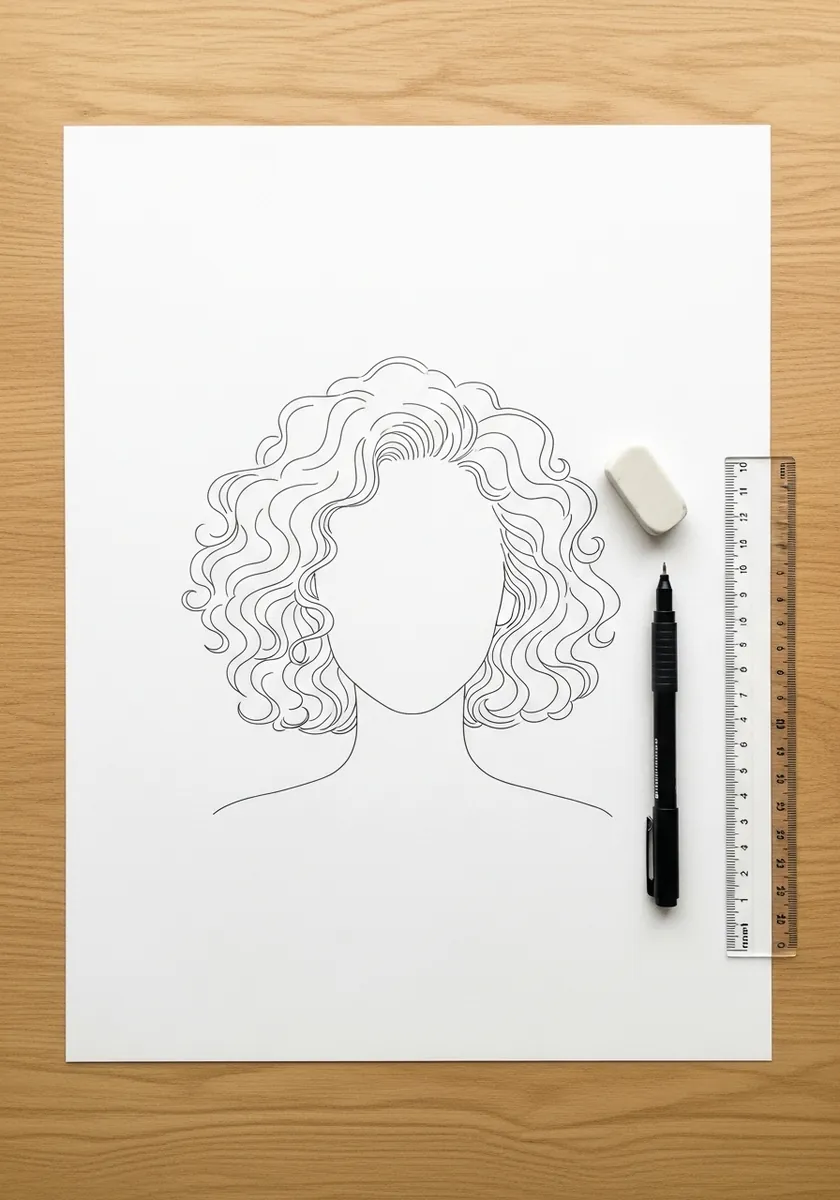 Simple fine line outline of curly hair around an empty blank face shape