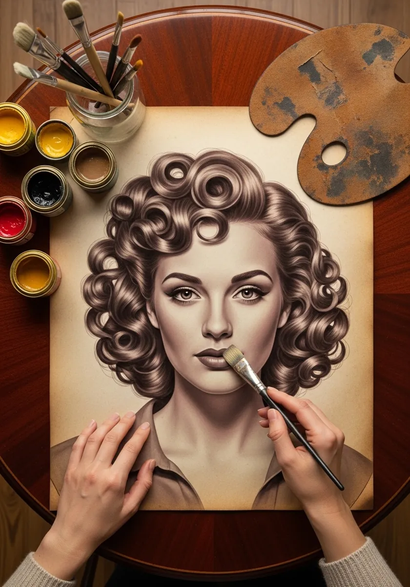 Sepia toned vintage portrait with structured pin up curls and set waves