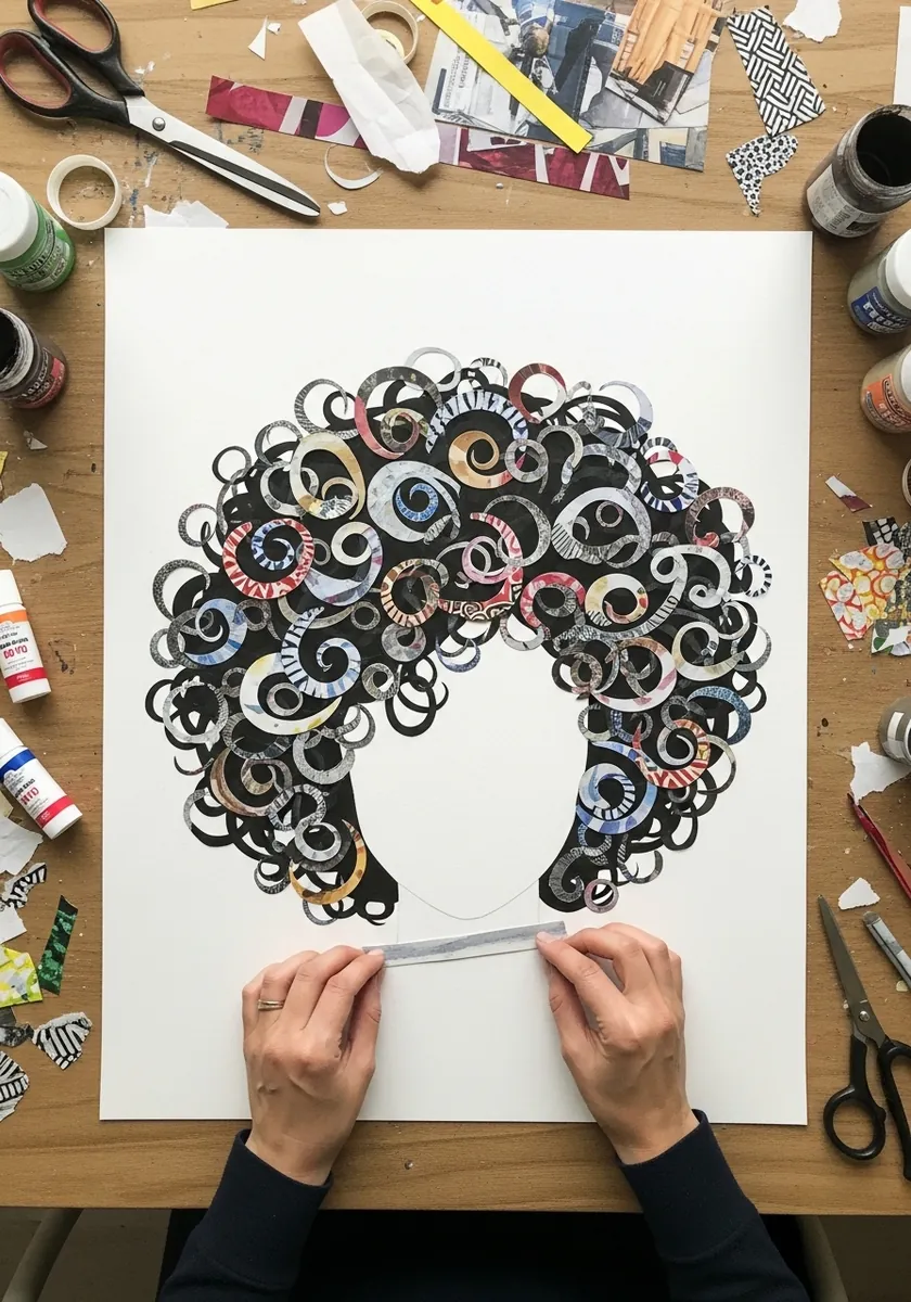 Collage of curly hair built from cut circles of printed magazine paper