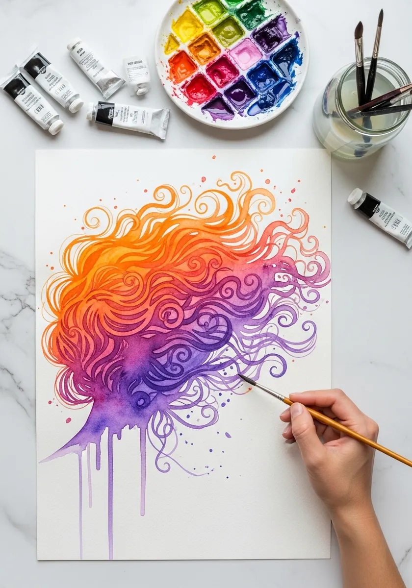Watercolor hair in orange pink and purple with flowing curls and paint drips
