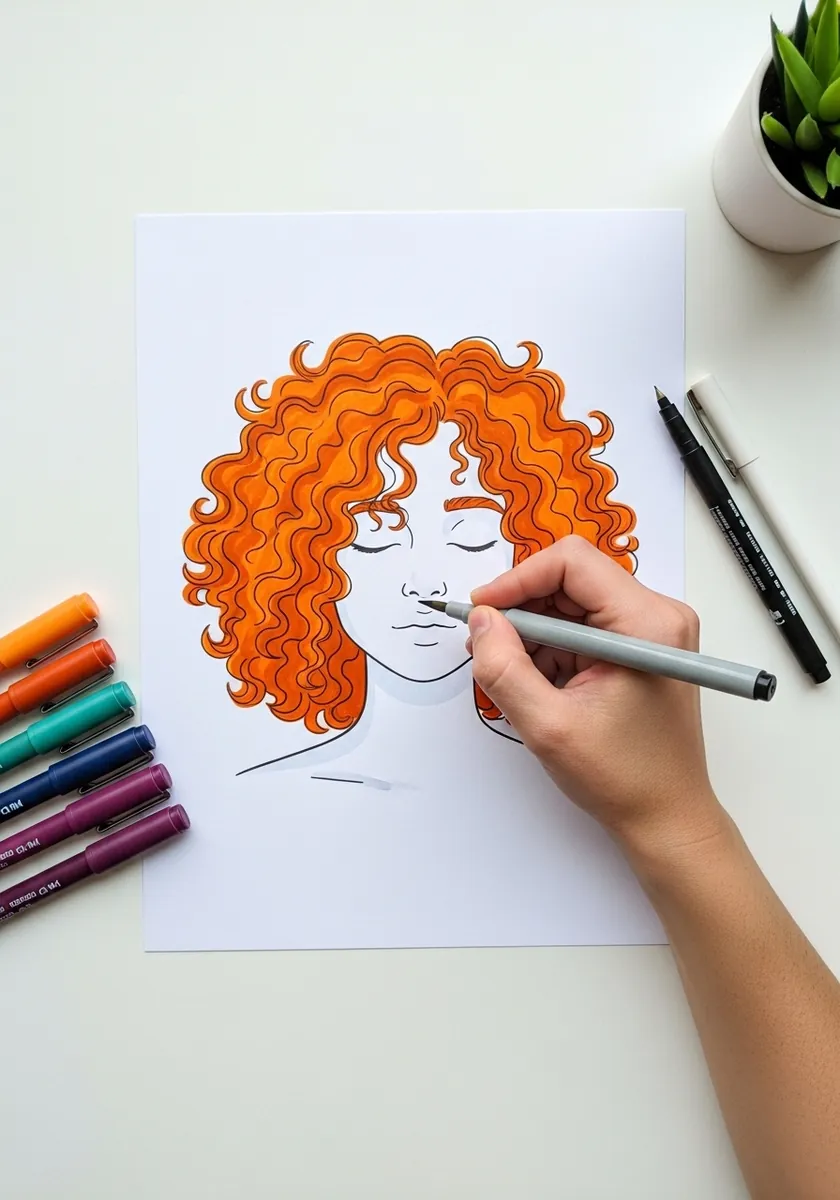 Bright orange marker drawing of curly hair with a calm closed-eye face