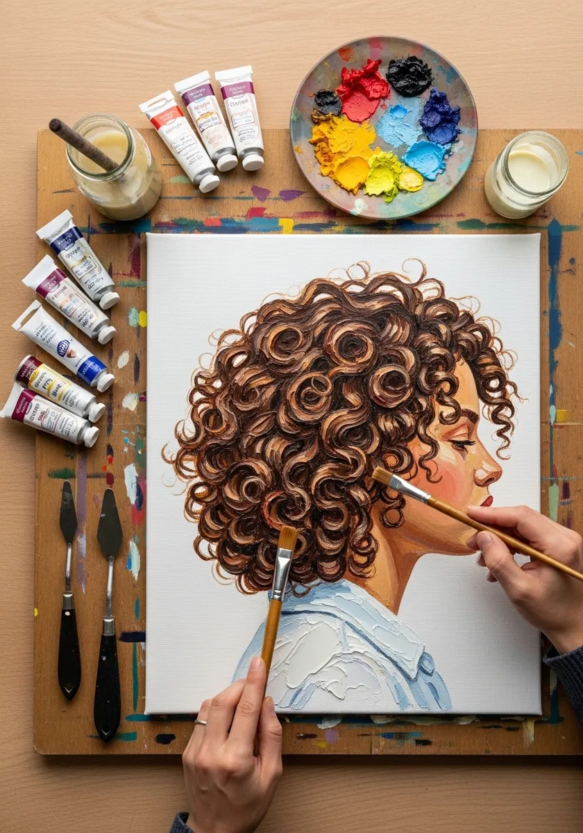 Oil painting of a side profile with richly textured brown and copper curls