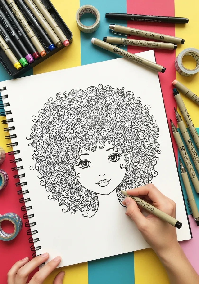 Fine ink portrait with curls filled with small circles swirls and doodle patterns