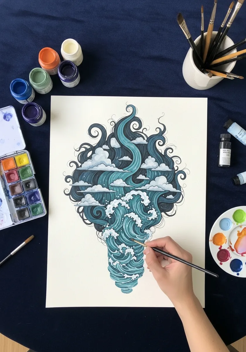 Teal and blue hair drawn as stylized ocean waves with clouds and foam