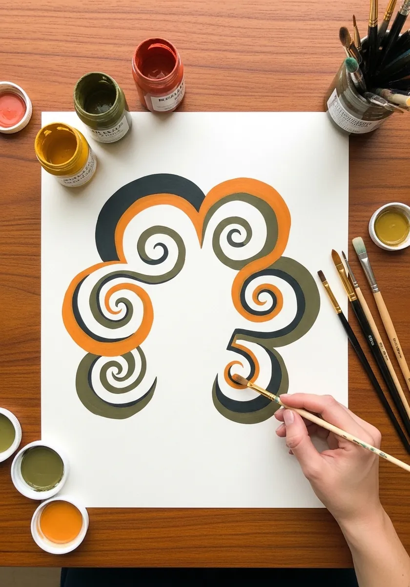 Abstract orange and olive spiral shapes forming a stylized hair silhouette