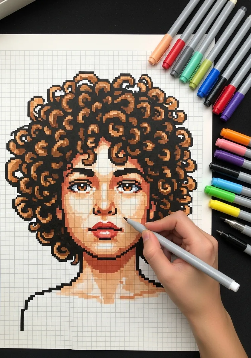 Pixel art portrait with curly hair drawn square by square on grid paper