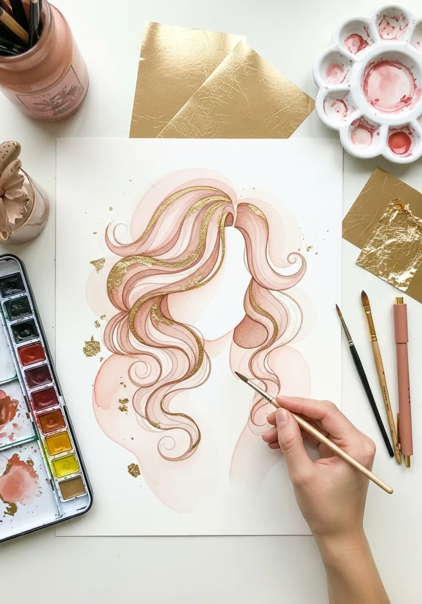 Elegant pale pink hair with flowing curls and delicate gold leaf accents