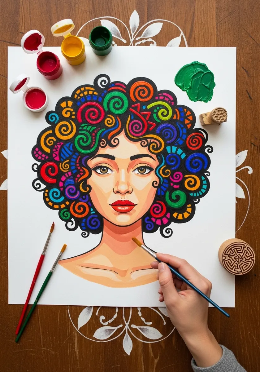 Colorful folk art portrait with hair made of bright rainbow spiral patterns