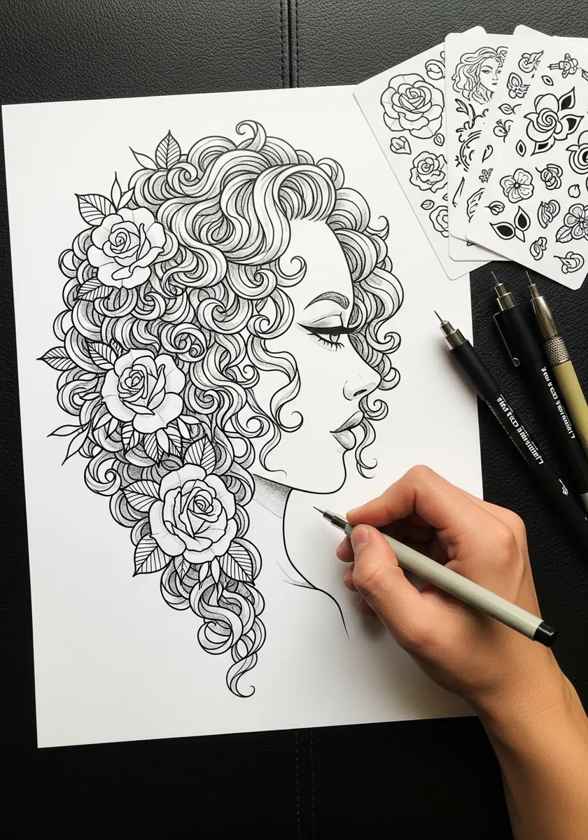 Fine ink profile with curly hair intertwined with detailed roses and leaves