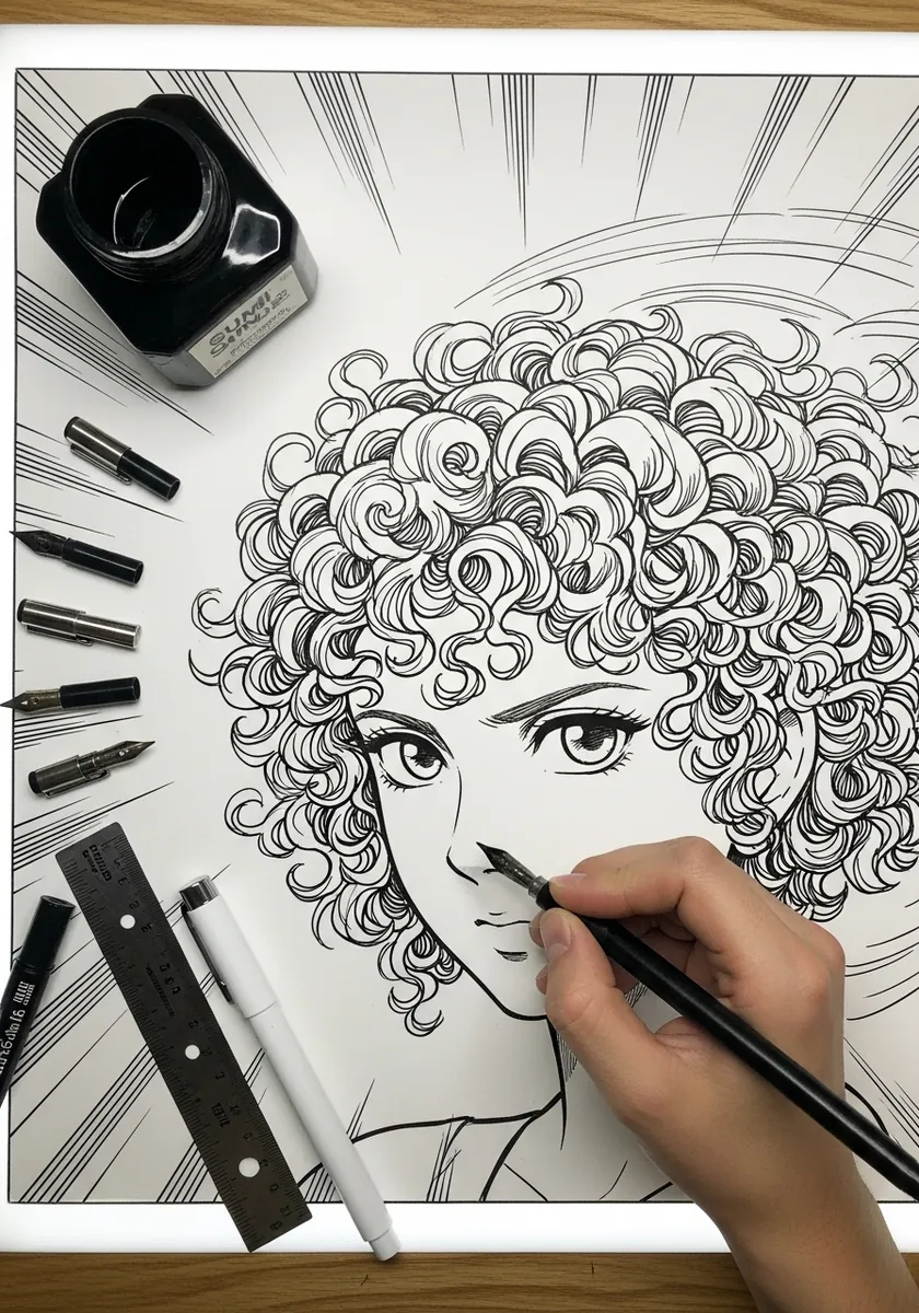 Black and white manga style face with voluminous curls and radiating speed lines