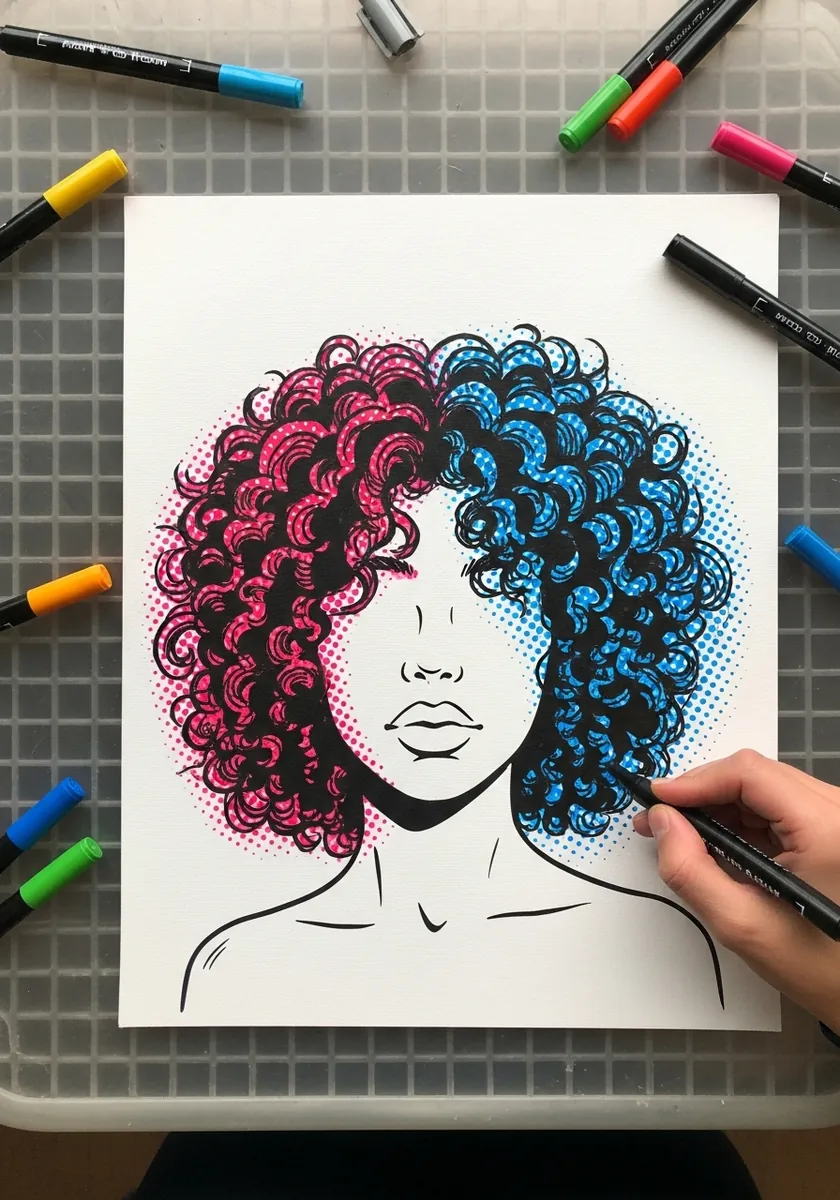 Bold ink portrait with curly hair split into pink and blue halftone dot fields