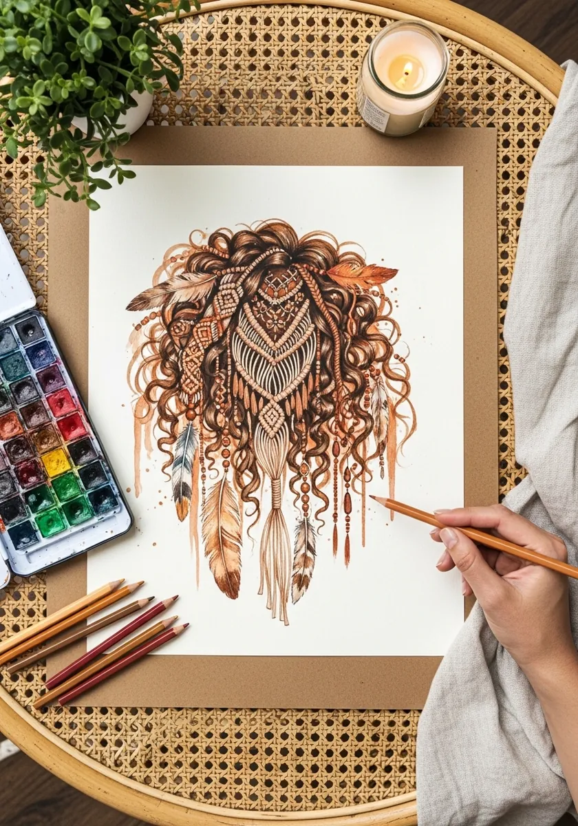 Warm brown boho curls decorated with macrame feathers and hanging beads