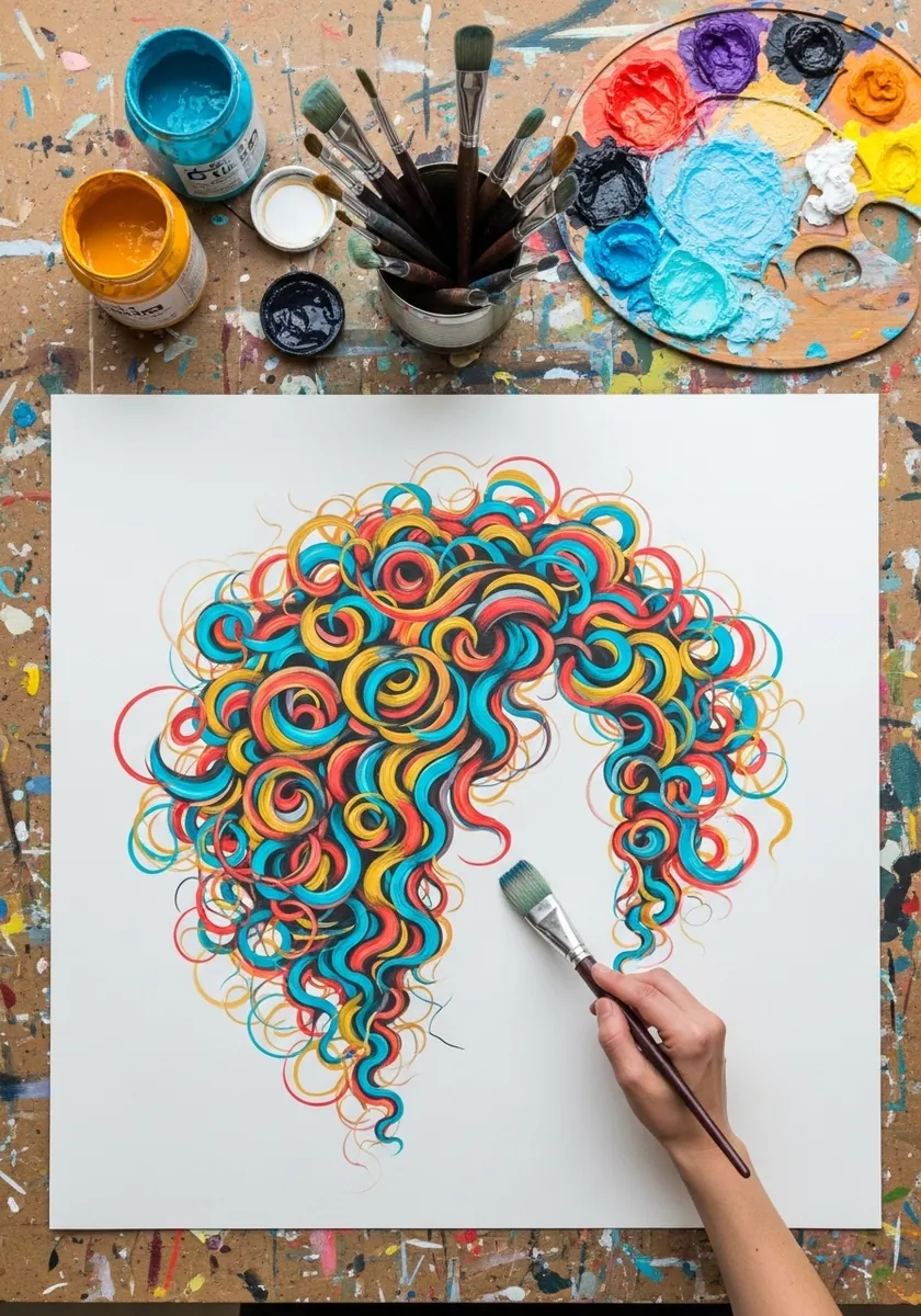 Loose energetic curls painted in red blue yellow and turquoise swirling strokes