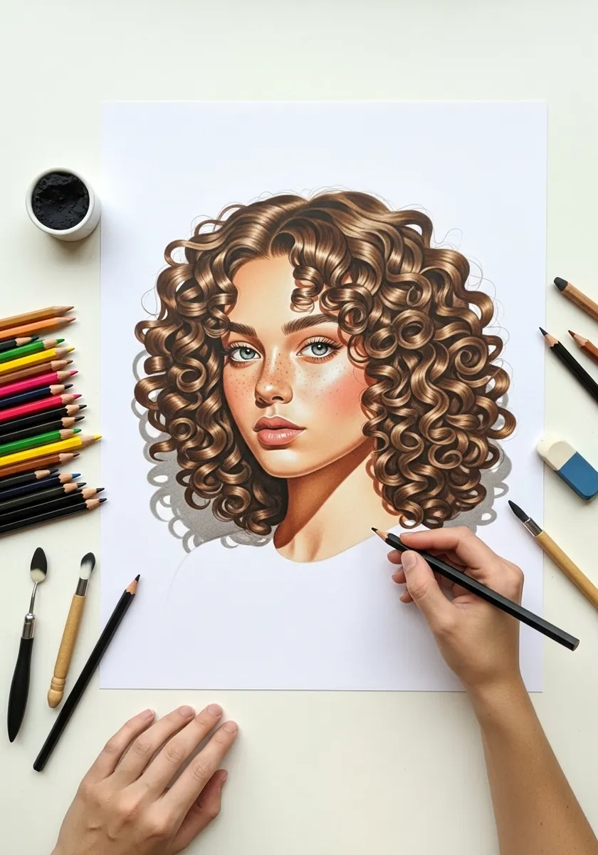 Detailed colored pencil portrait with glossy brown curls and green eyes