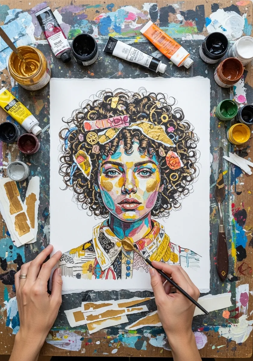 Sketchbook portrait with curly hair combining ink drawing and collage paper scraps