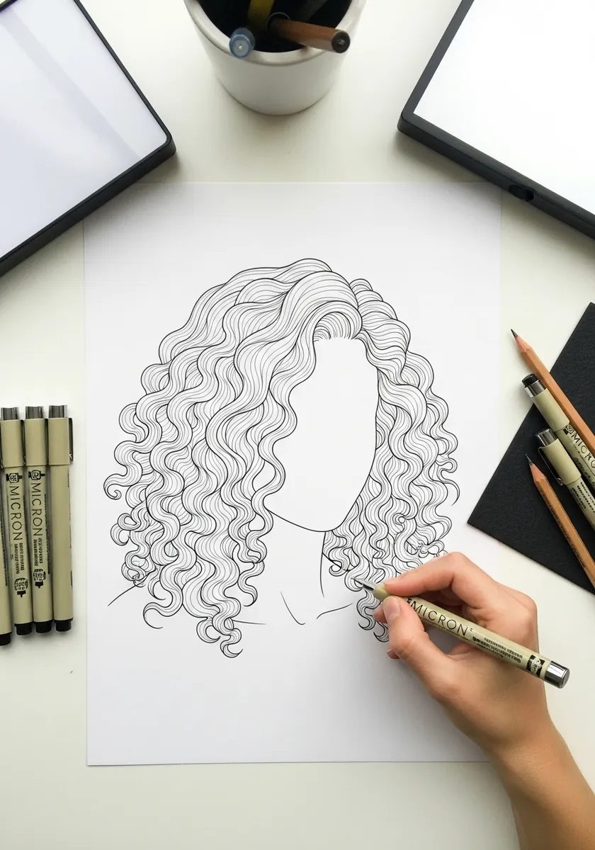 Delicate fine liner drawing of long curly hair with no tone and a blank face