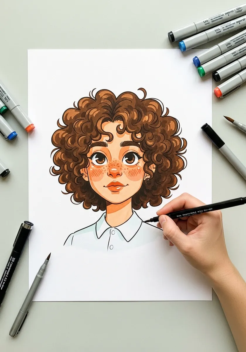 Cute cartoon character with bouncy brown curls freckles and a white collar