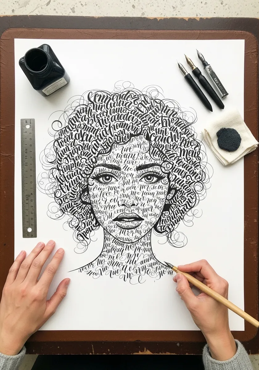 Portrait with curly hair formed entirely from flowing black calligraphy lettering