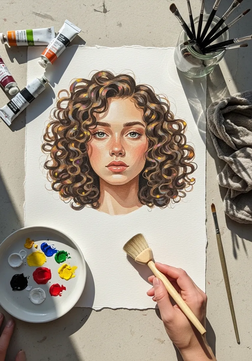 Soft watercolor portrait with warm brown curly hair and striking green eyes