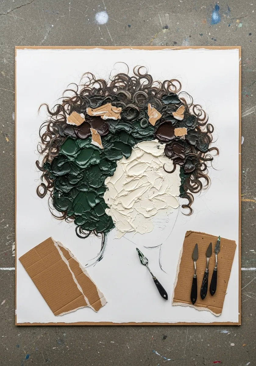 Thick palette knife portrait with dark green and cream curls on a plain face