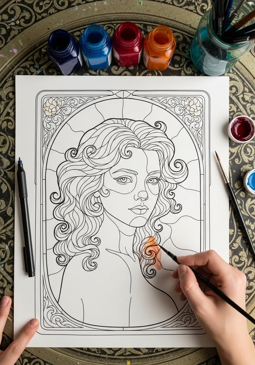 Fine line art nouveau portrait with flowing curls inside a decorative border